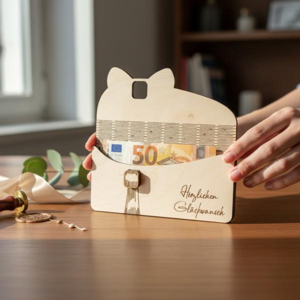 Holz‑Umschlag dekorativ arrangiert als Geldgeschenk für Geburtstag oder Hochzeit